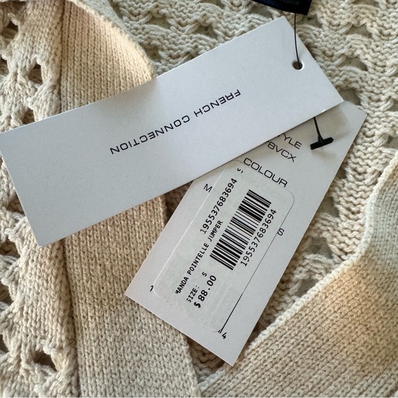 French Connection Manda Pointelle-Knit Polo Sweater Oatmeal Small NWT - Picture 4 of 5